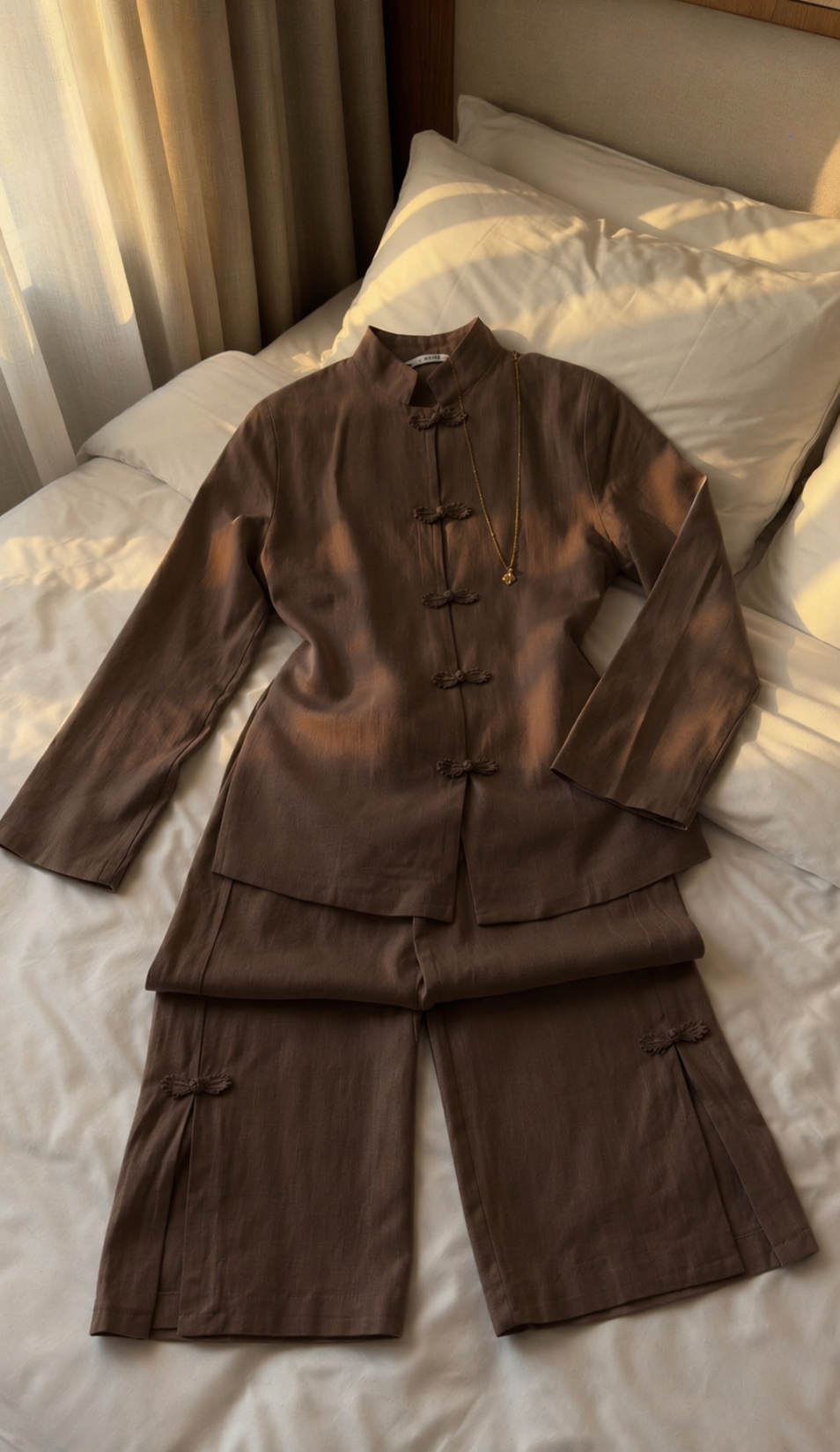 Asian-Inspired Linen Set Brown  (One Size)