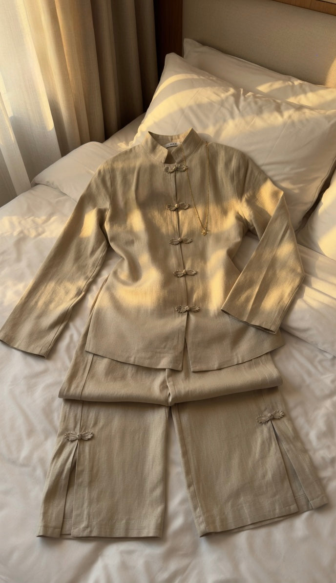 Asian-Inspired Linen Set Beige (One Size)