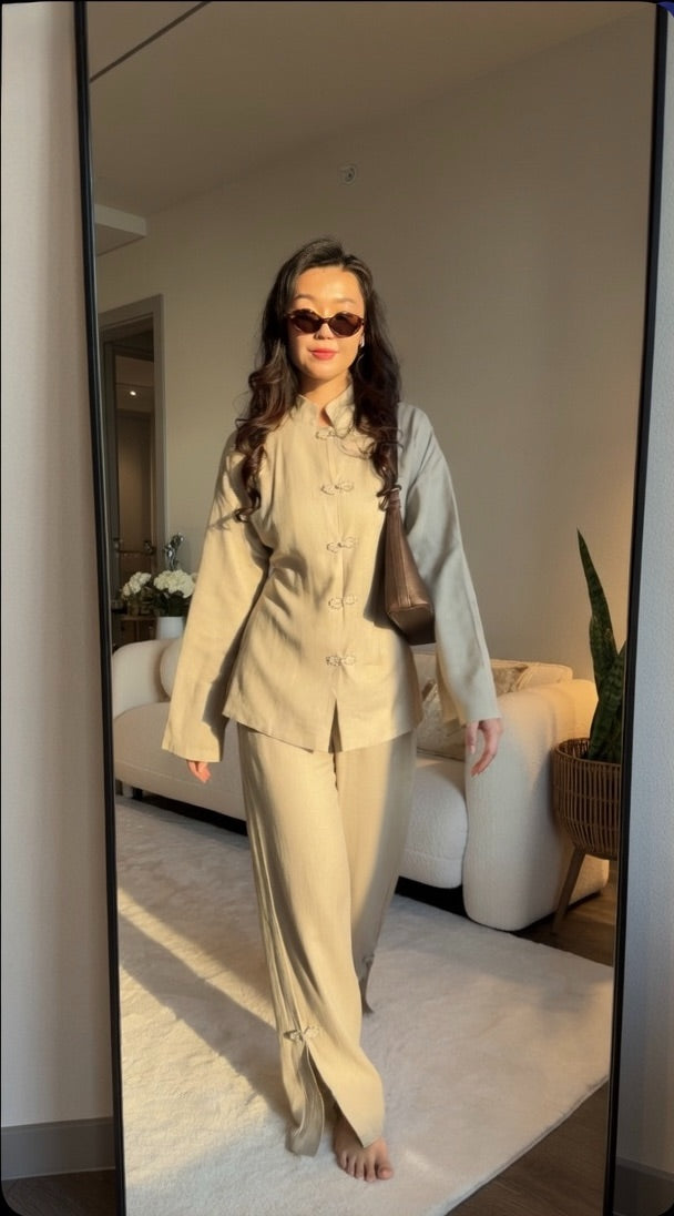 Asian-Inspired Linen Set Beige (One Size)