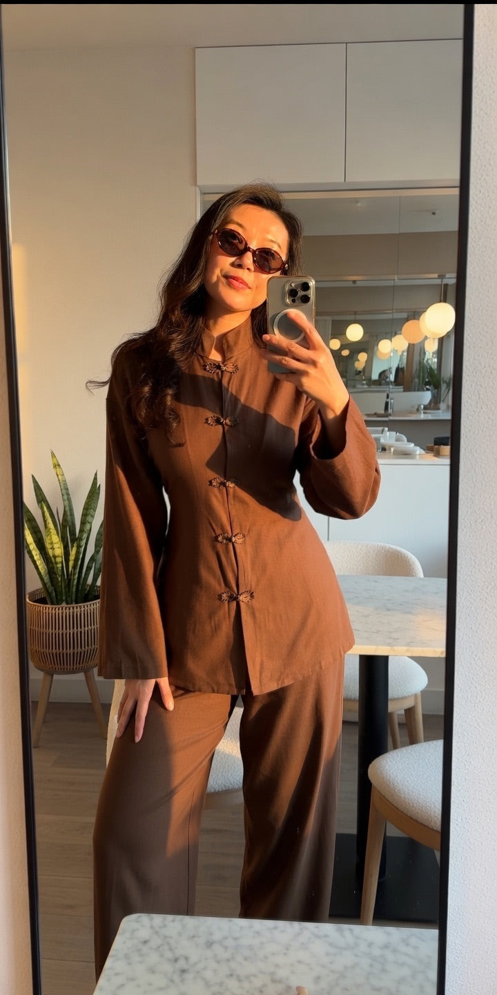 Asian-Inspired Linen Set Brown  (One Size)